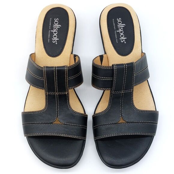 Softspots Pillowtop Sandals 7.5 M Black Leather Strappy Heel Slip-Ons Comfort - Picture 3 of 10